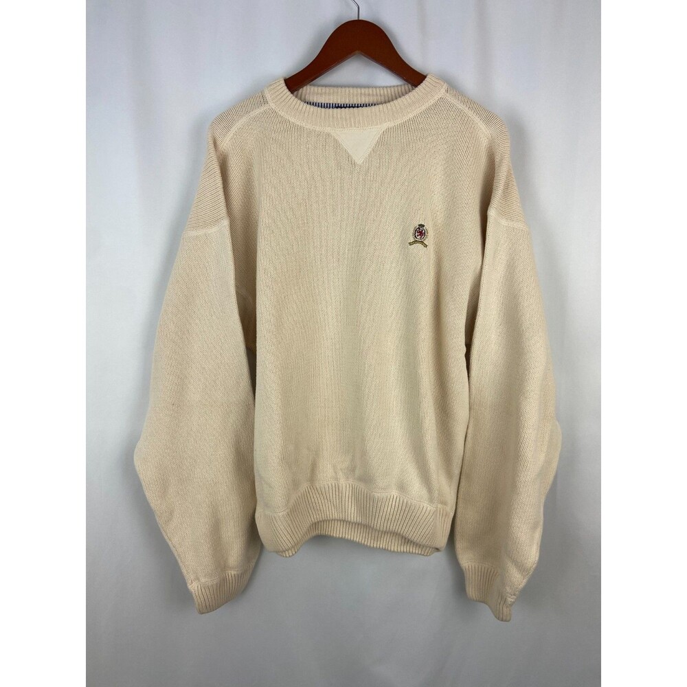 VTG Tommy Hilfiger Mens L Cream Cotton Crest 90s Crewneck Sweater Grandpa STAINS